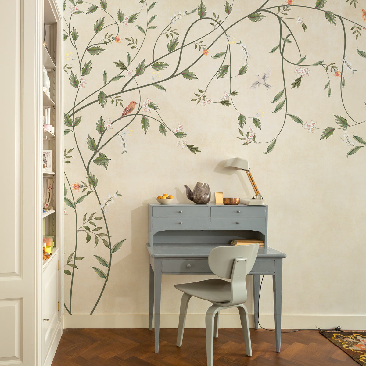 Dancing Tree | Beige Chinoiserie Bird & Blossom Wall Mural