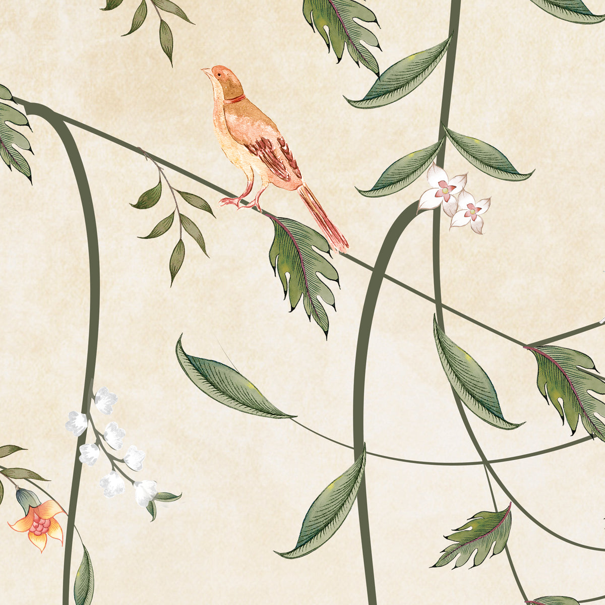 Dancing Tree | Beige Chinoiserie Bird & Blossom Wall Mural