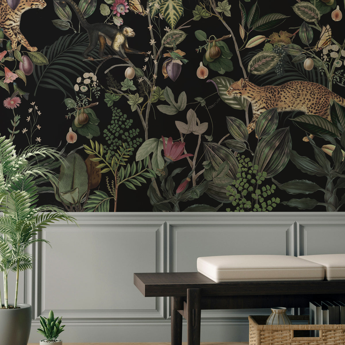 Midnight Jungle Botanical Wallpaper | Dark Tropical Wildlife Mural