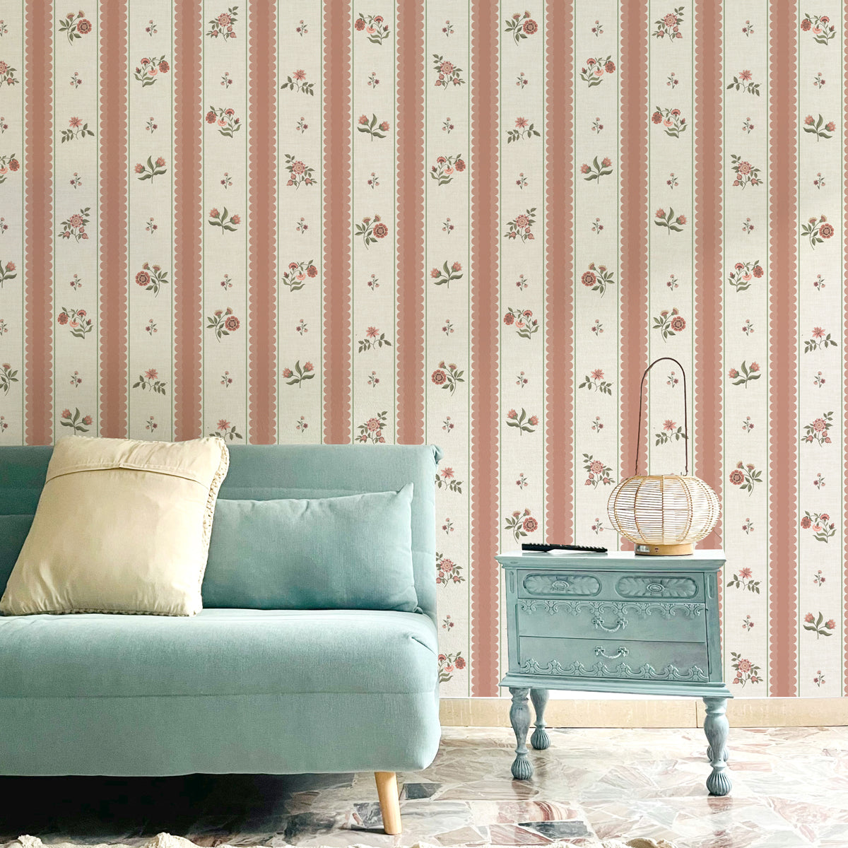 Roseline | Blush pink Floral Stripe Cottage Wallpaper