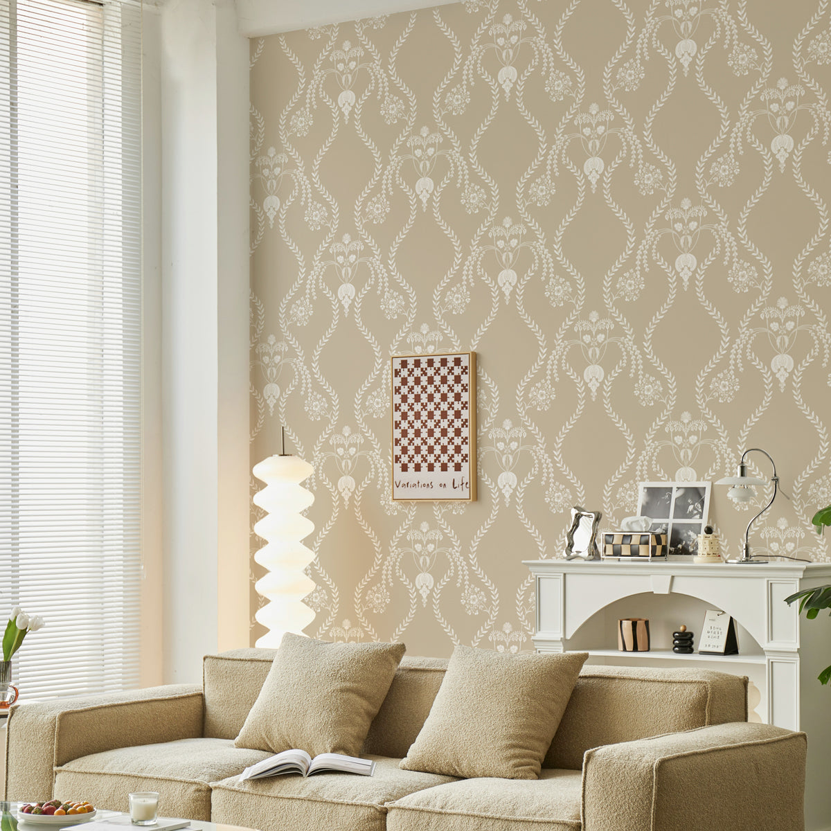 Verdant Veil | Delicate Beige Floral Trellis Wallpaper