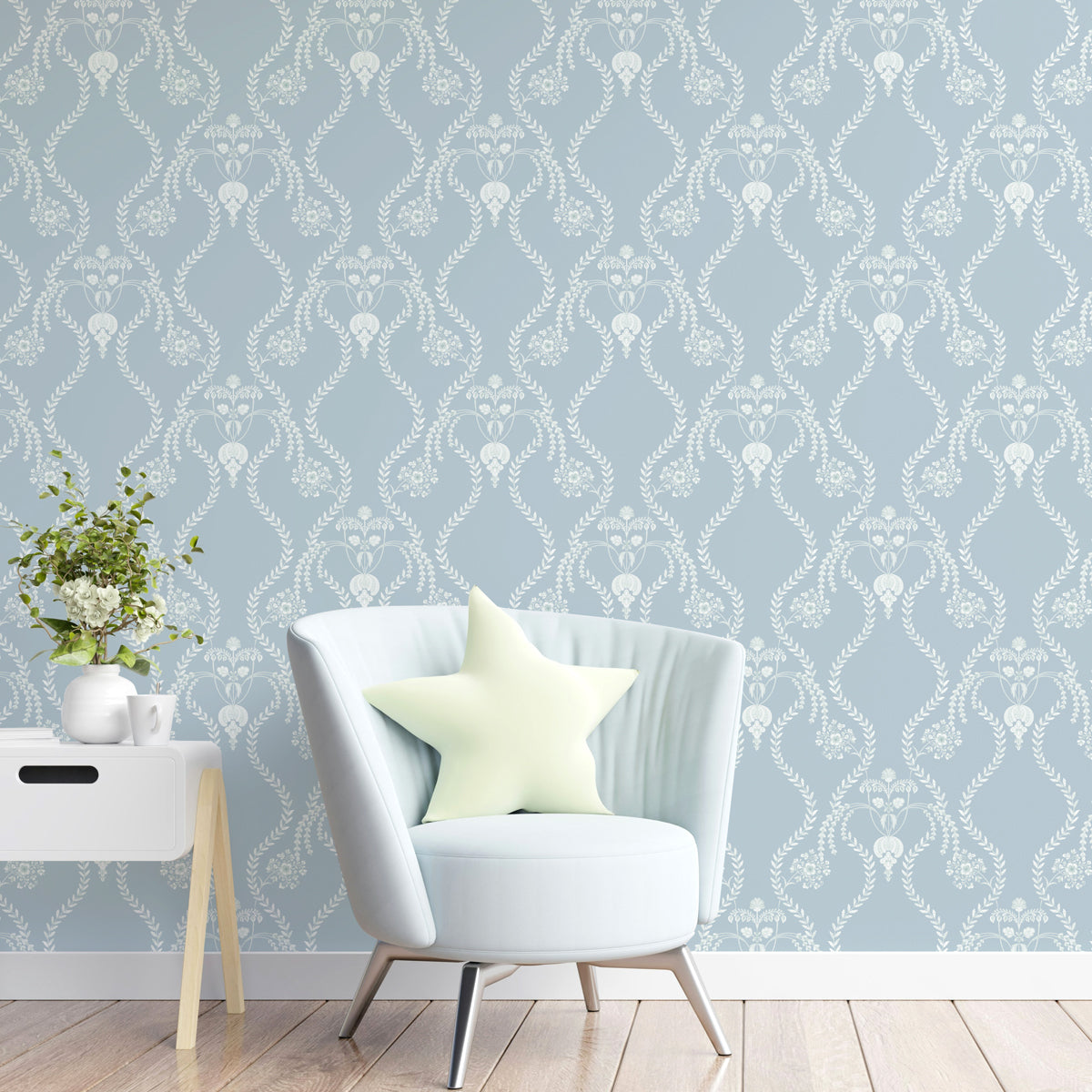 Verdant Veil | Delicate Powder Blue Floral Trellis Wallpaper