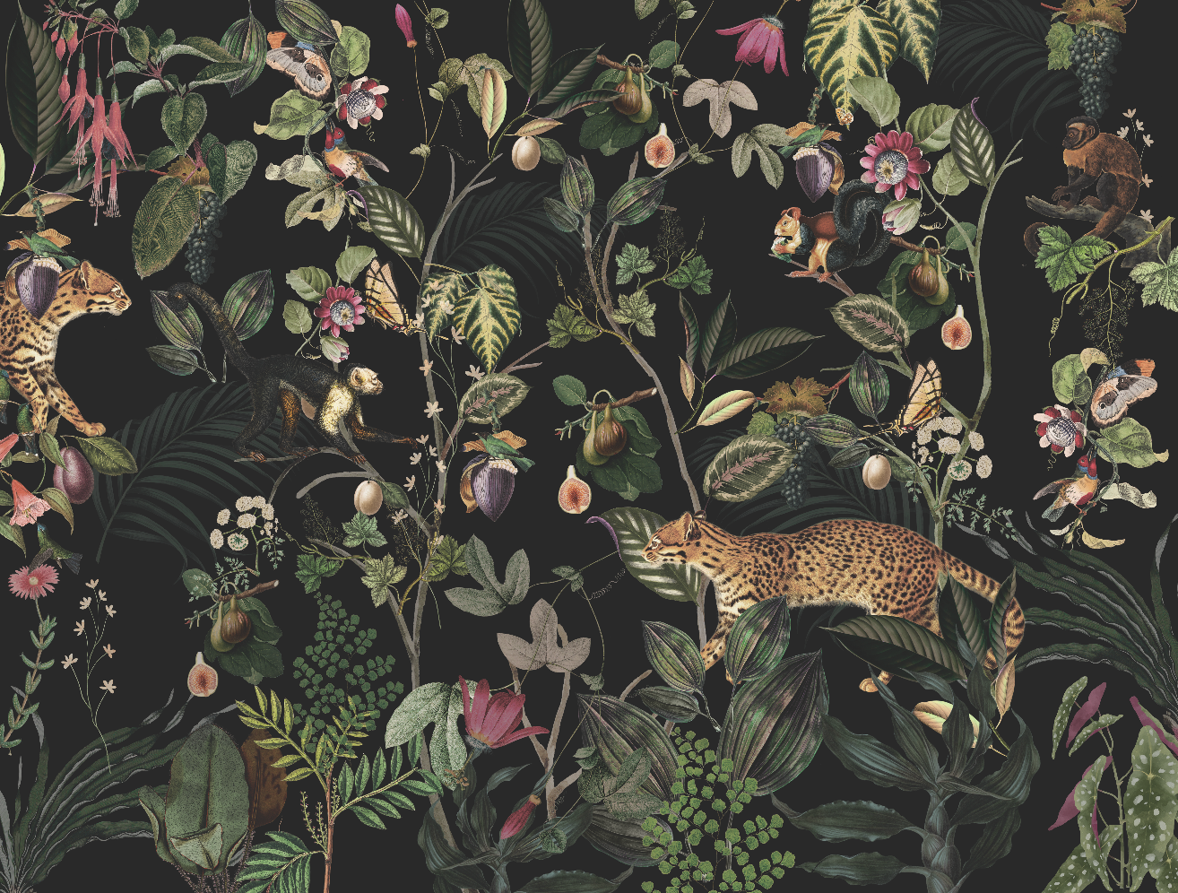 Midnight Jungle Botanical Wallpaper | Dark Tropical Wildlife Mural