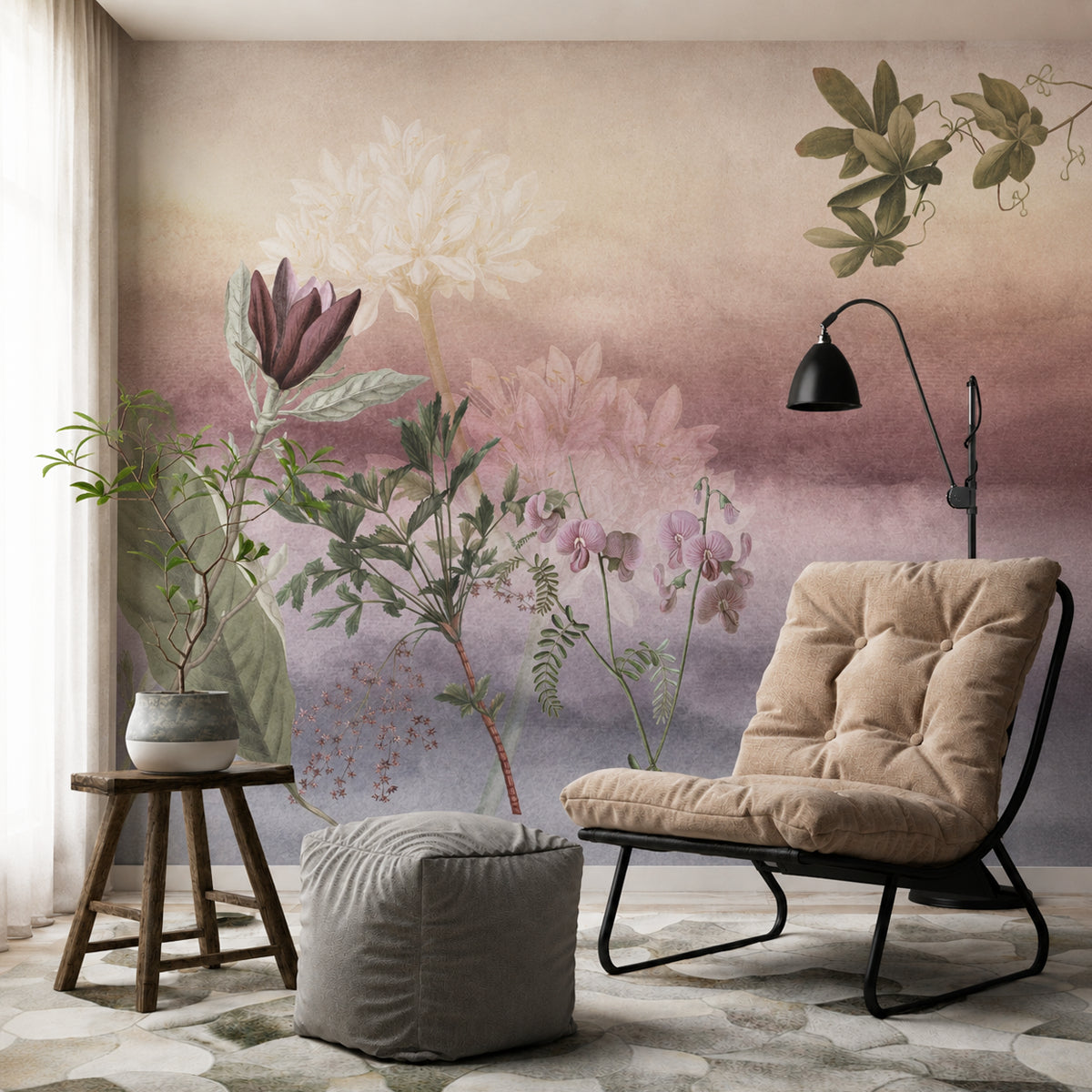 Dusk Blooms | Botanical Abstract Ombre Watercolour Wall Mural