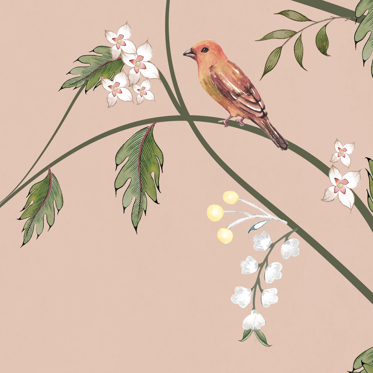 Dancing Tree | Pink Chinoiserie Bird & Blossom Wall Mural