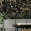 Midnight Jungle Botanical Wallpaper | Dark Tropical Wildlife Mural