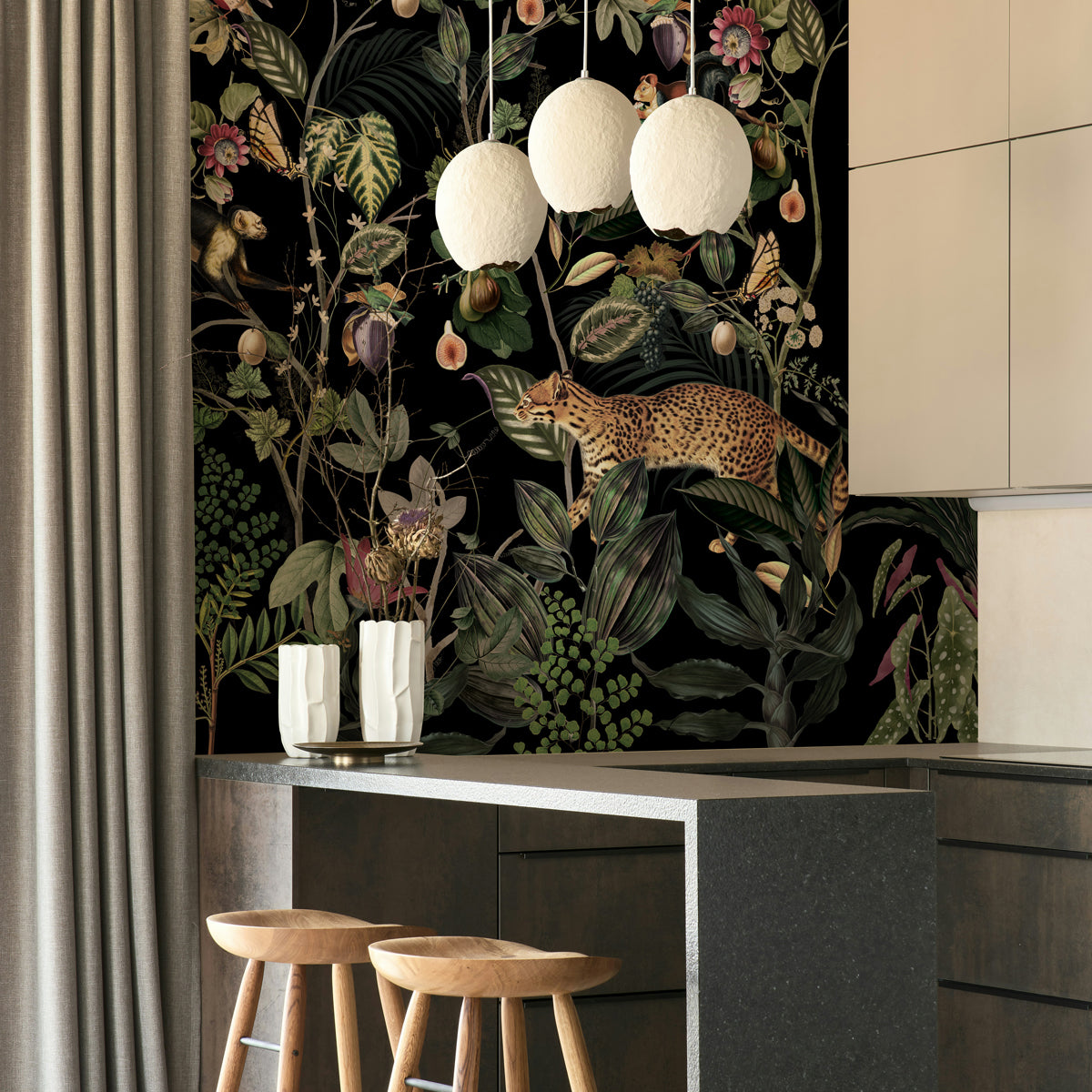 Midnight Jungle Botanical Wallpaper | Dark Tropical Wildlife Mural