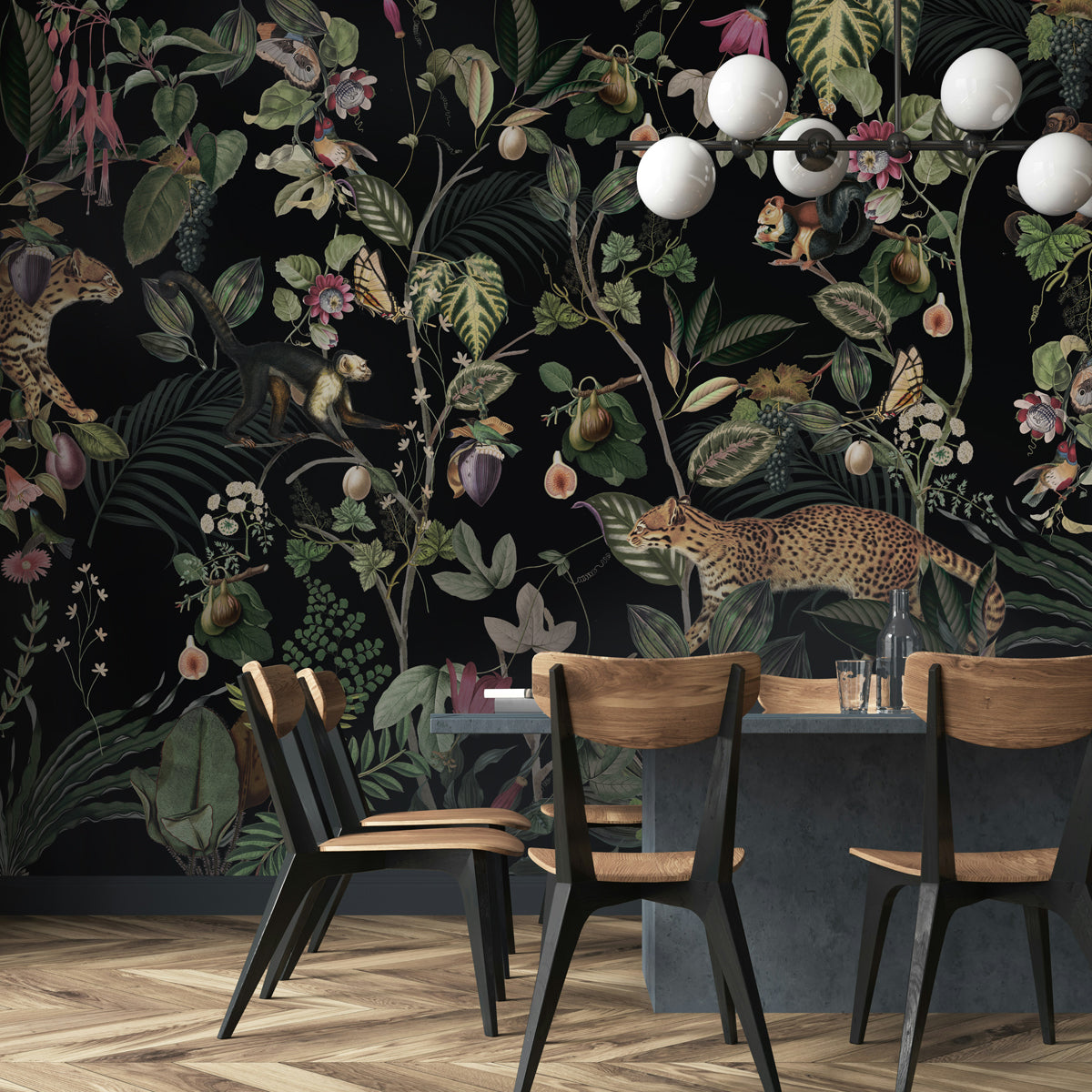Midnight Jungle Botanical Wallpaper | Dark Tropical Wildlife Mural