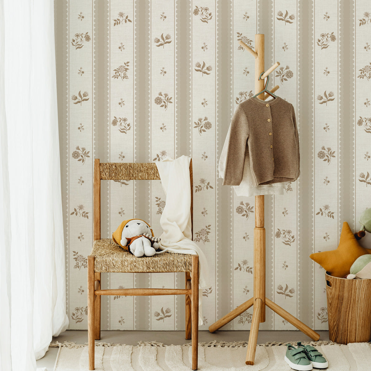 Roseline | Beige Floral Stripe Cottage Wallpaper