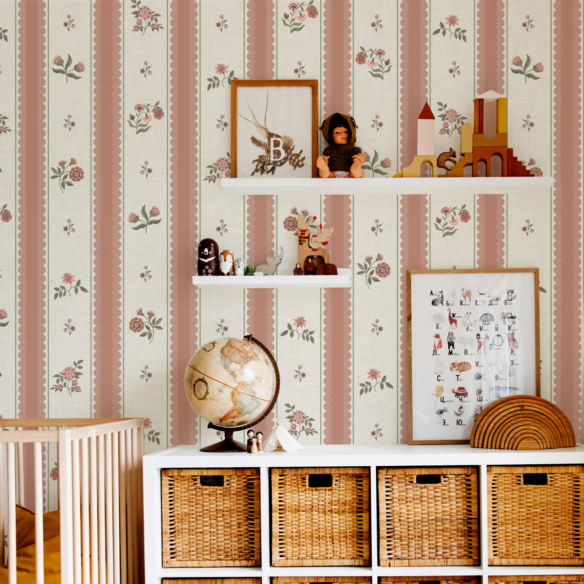 Roseline | Blush pink Floral Stripe Cottage Wallpaper