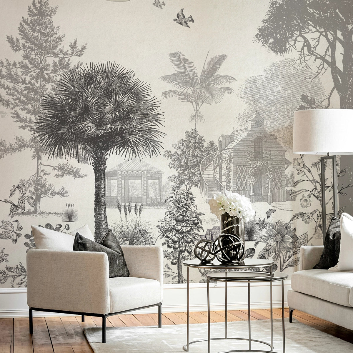 Vintage Garden | Monochrome Botanical Landscape Wall Mural