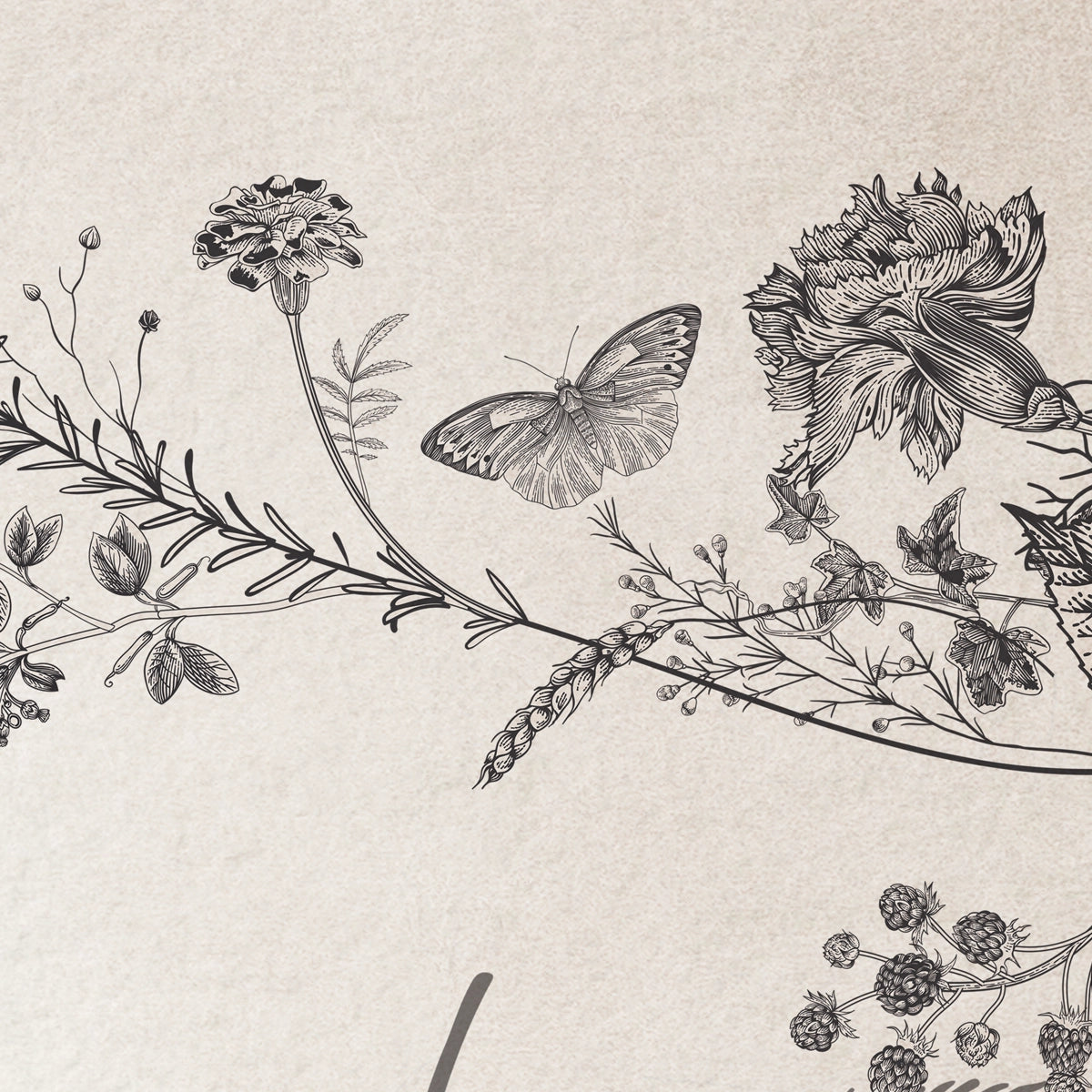 Vintage Garden | Monochrome Botanical Landscape Wall Mural