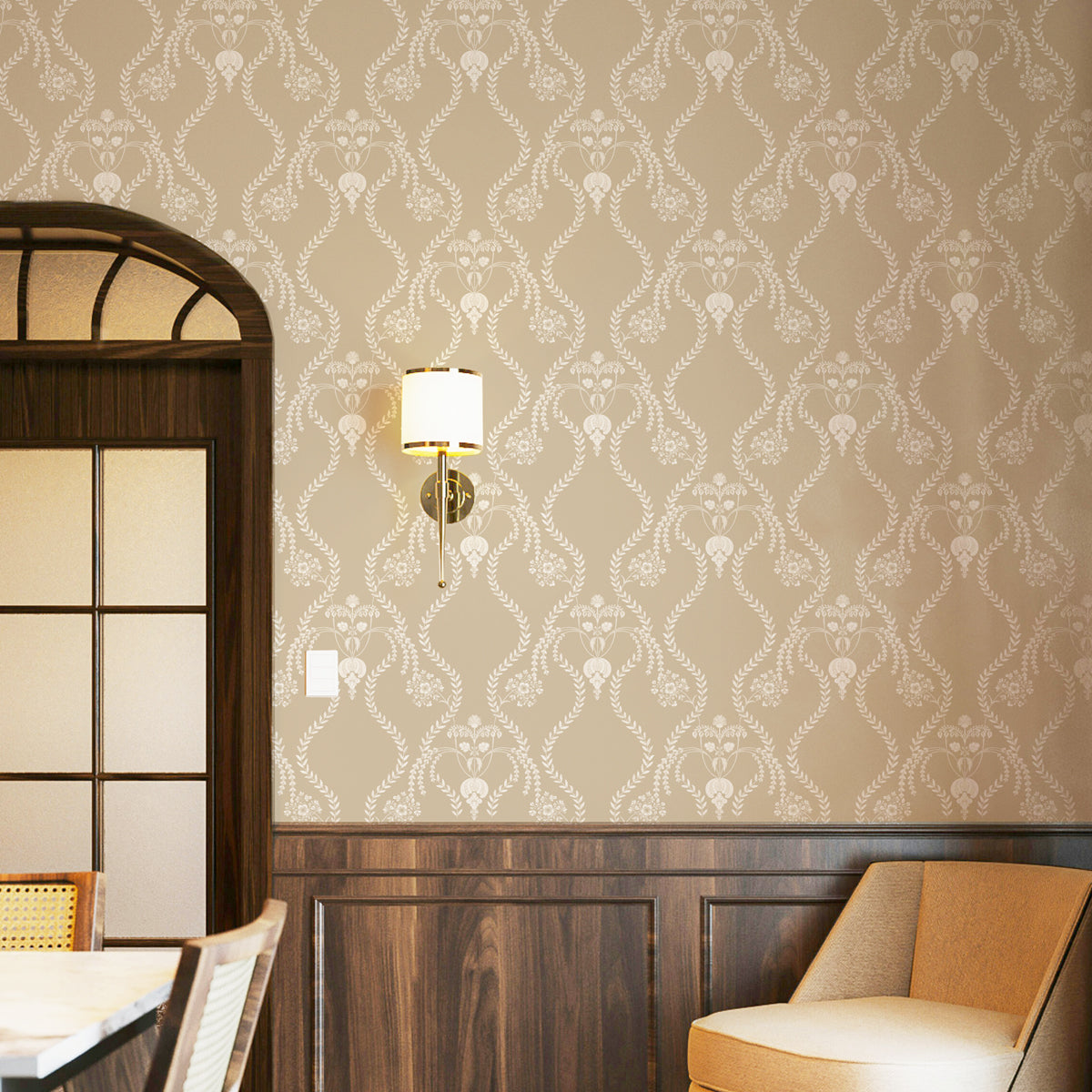 Verdant Veil | Delicate Beige Floral Trellis Wallpaper