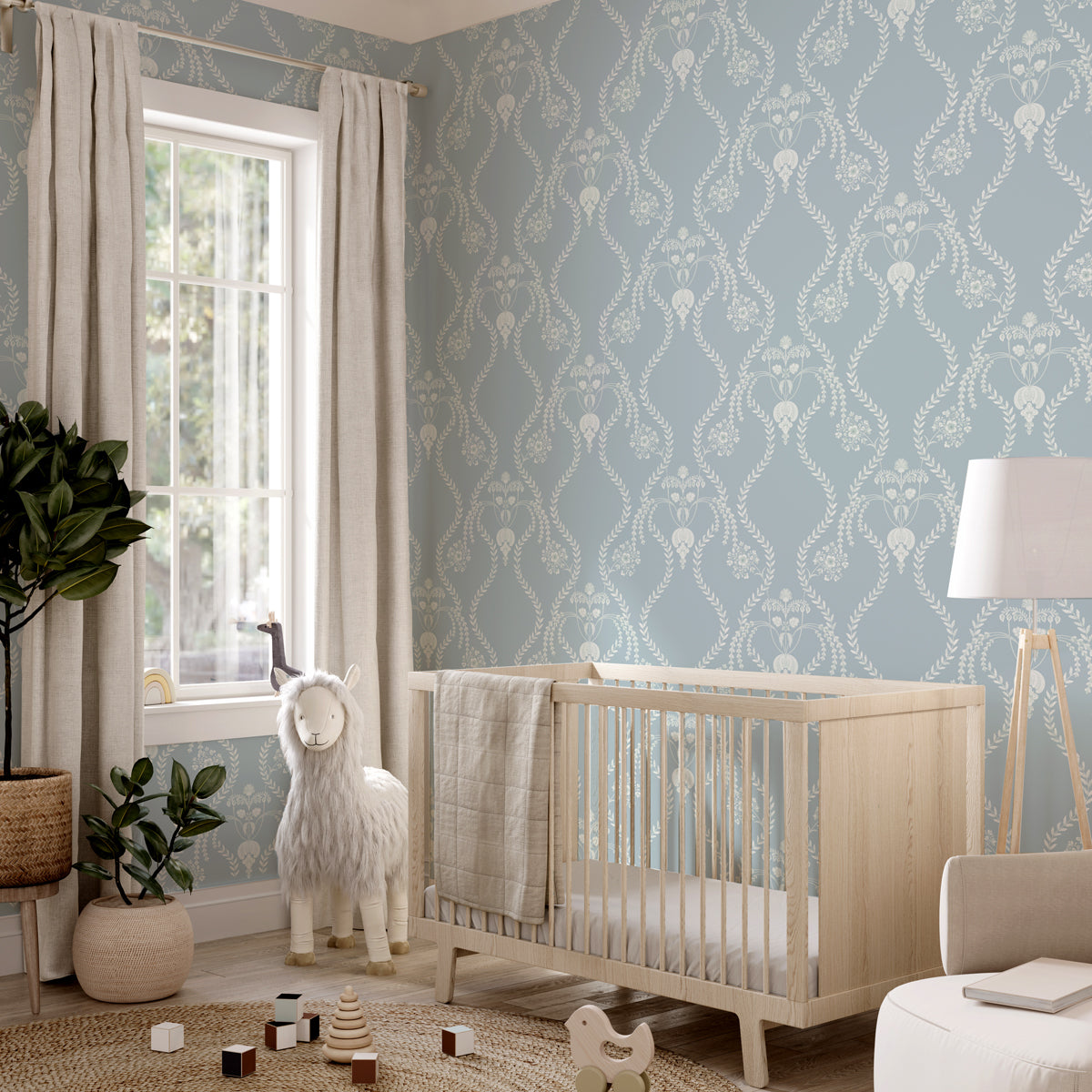 Verdant Veil | Delicate Powder Blue Floral Trellis Wallpaper