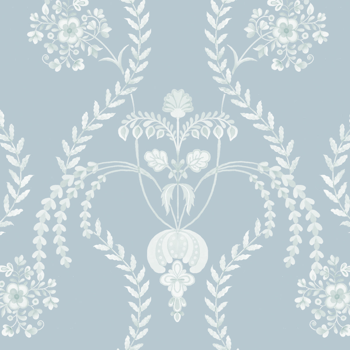 Verdant Veil | Delicate Powder Blue Floral Trellis Wallpaper